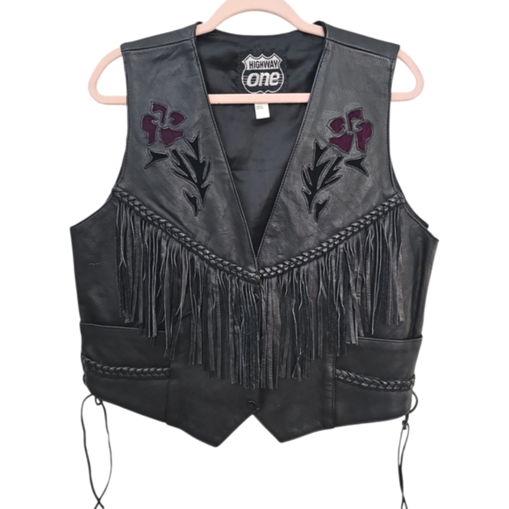 Women's Black Leather Fringe Vest with Purple Floral Details